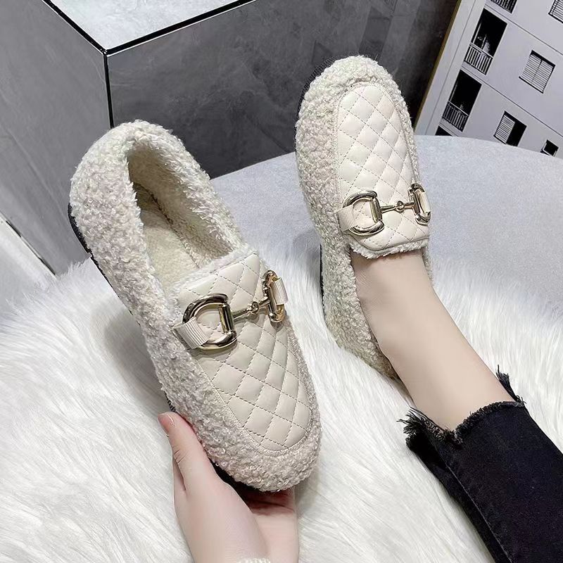 2023 Autumn and Winter New Cotton-Padded Shoes with Velvet Korean Style Slip-on Lofter Soft-Soled Furry Shoes Peas Shoes Slippers