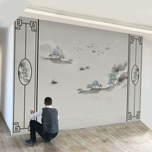 中式山水线条水墨电视背景墙布壁画沙发客厅墙纸壁布茶室