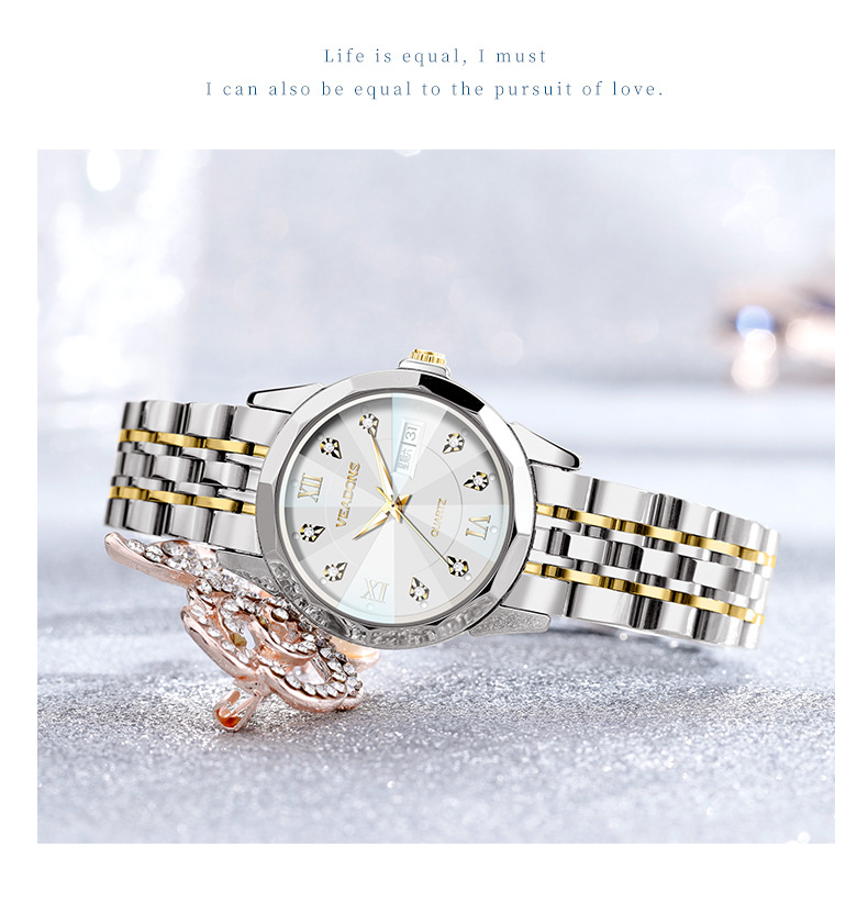 威顿 手表女时尚气质石英表女士双日历夜光防水钢带女款抖音爆款