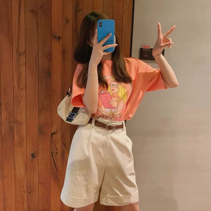 早春装新款小个子时髦穿搭配显高橘色短袖t恤短裤子两件套装女夏