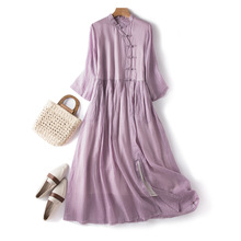 2023春夏新款宽松棉麻紫色连衣裙女设计感七分袖复古盘扣中式裙子