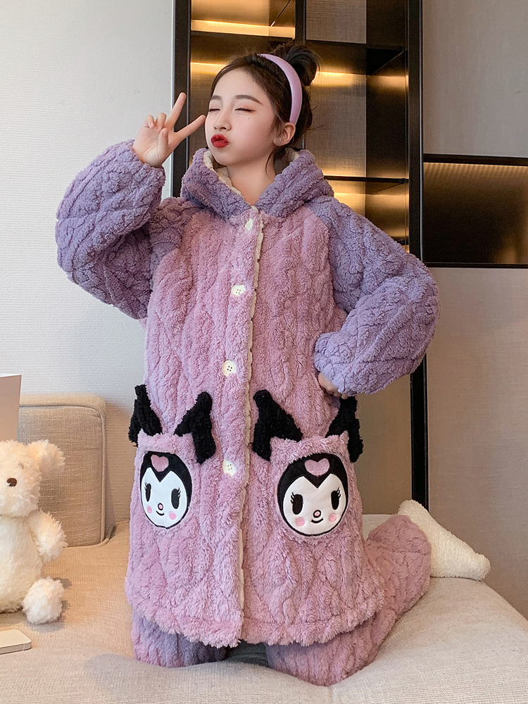 2023 late winter new children‘s three-layer quilted thermal pajamas hooded single-breasted homewear cute sweet set