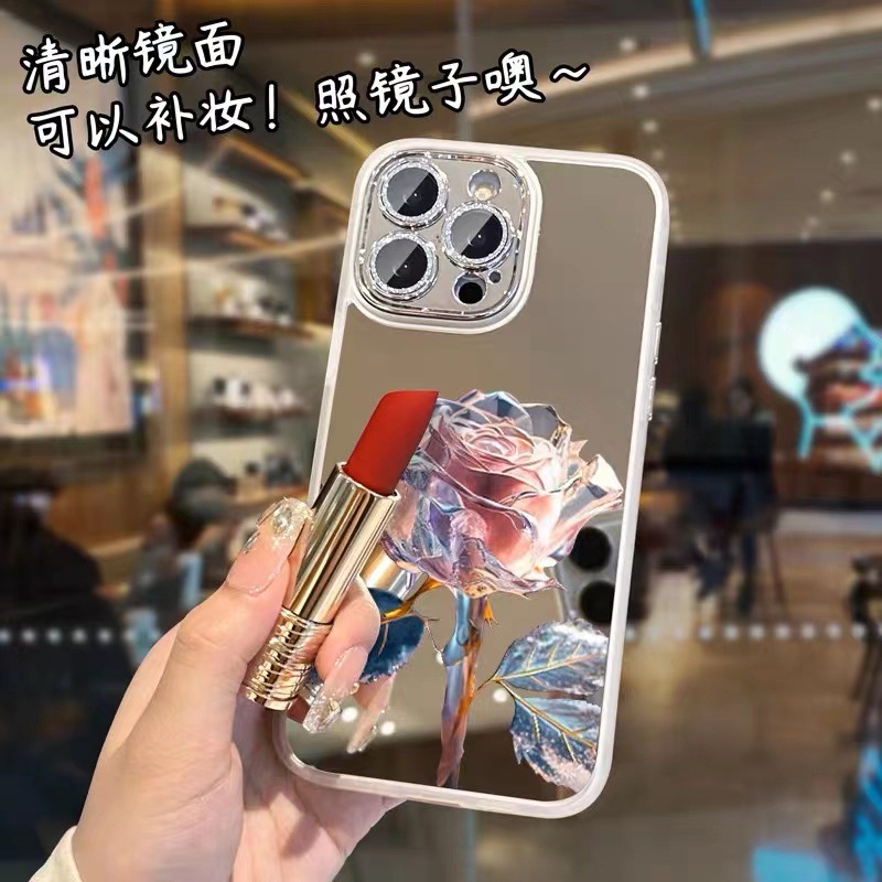 ins镜面3D玫瑰花iPhone15补妆手机壳女立体感带镜头膜保护套适用