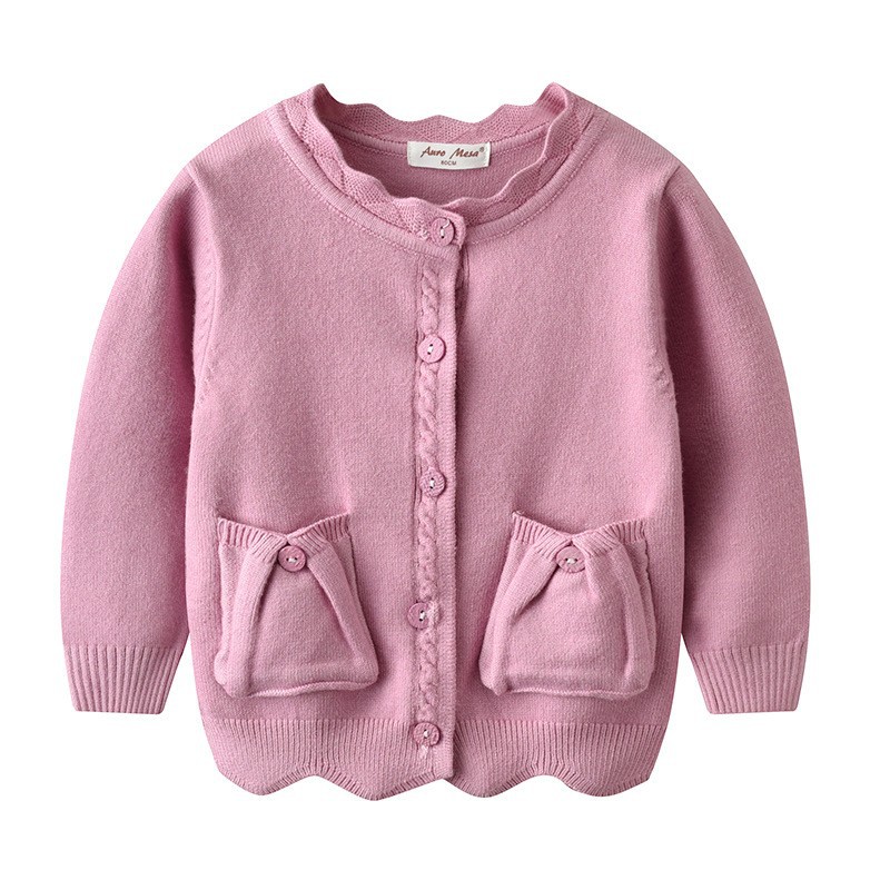 春秋新款女童波浪边包芯纱针织开衫宝宝甜美口袋长袖毛衣外套