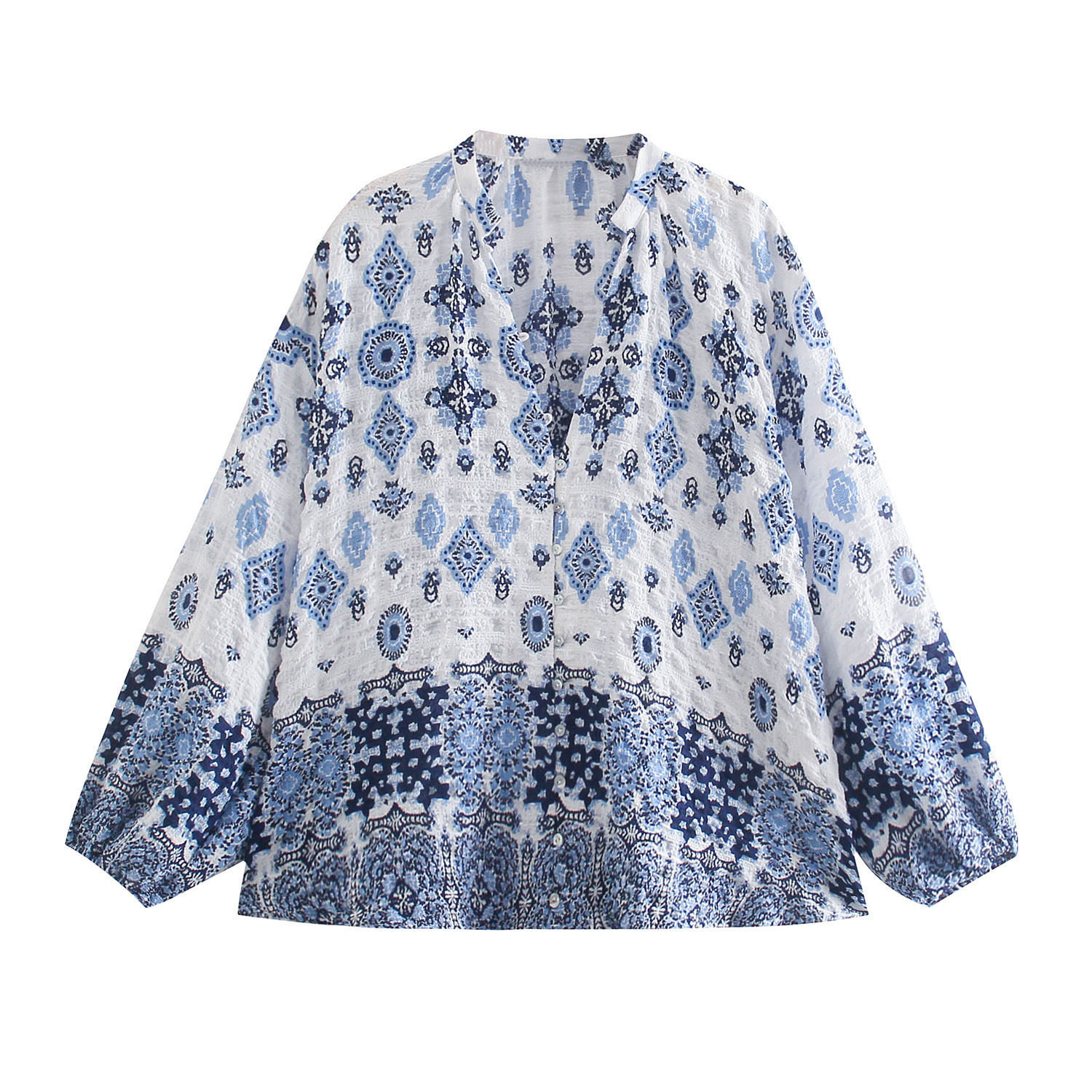 wwj 8058 2021夏新品欧美风女装长袖蓝印花衬衫-阿里巴巴