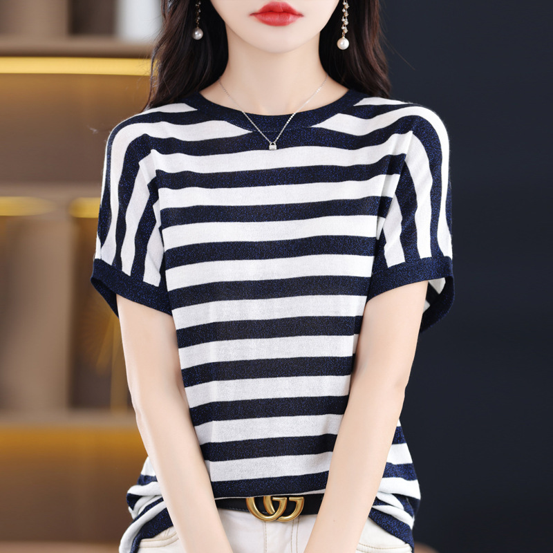 夏季针织衫女桑蚕丝光棉银丝亮丝鎏金沙短袖女圆领背心外贸批代发
