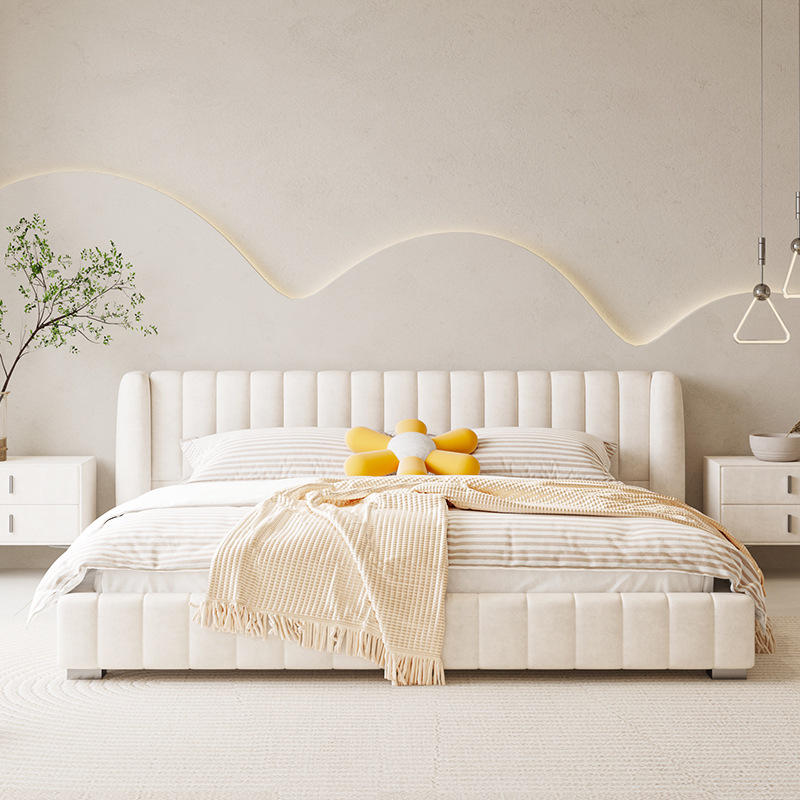 落地布艺床轻奢简约主卧室大床高箱双人矮床设计师奶油风科技布床
