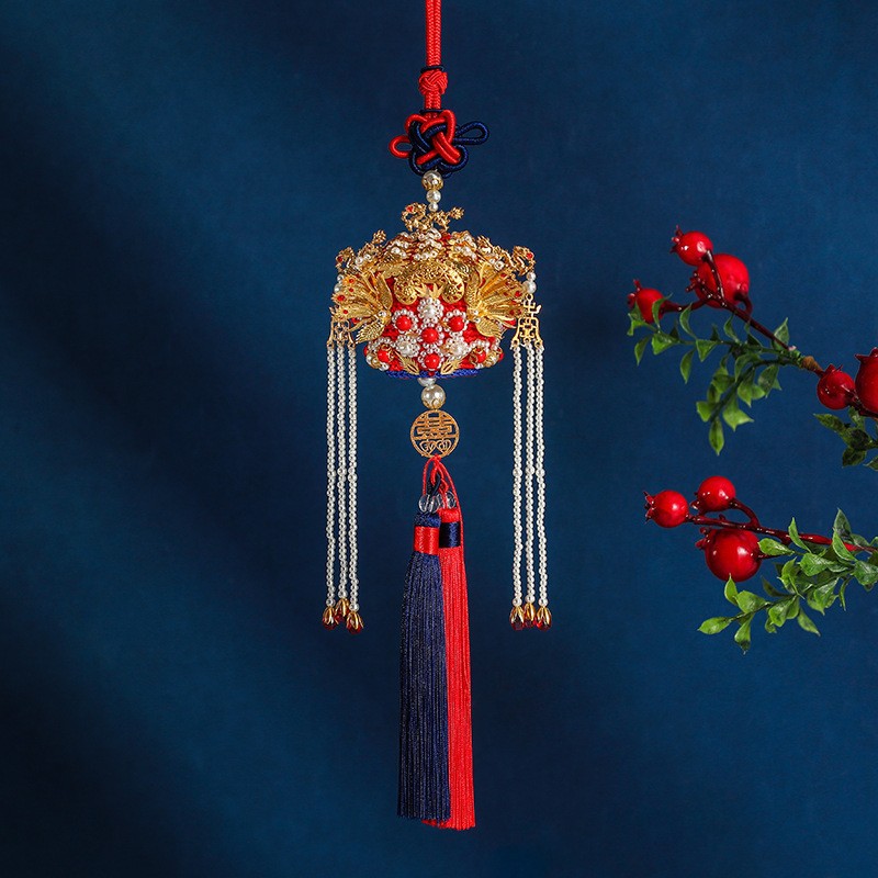 新款国潮编织凤冠状元帽七夕汽车手工挂件送礼结婚礼物diy材料包