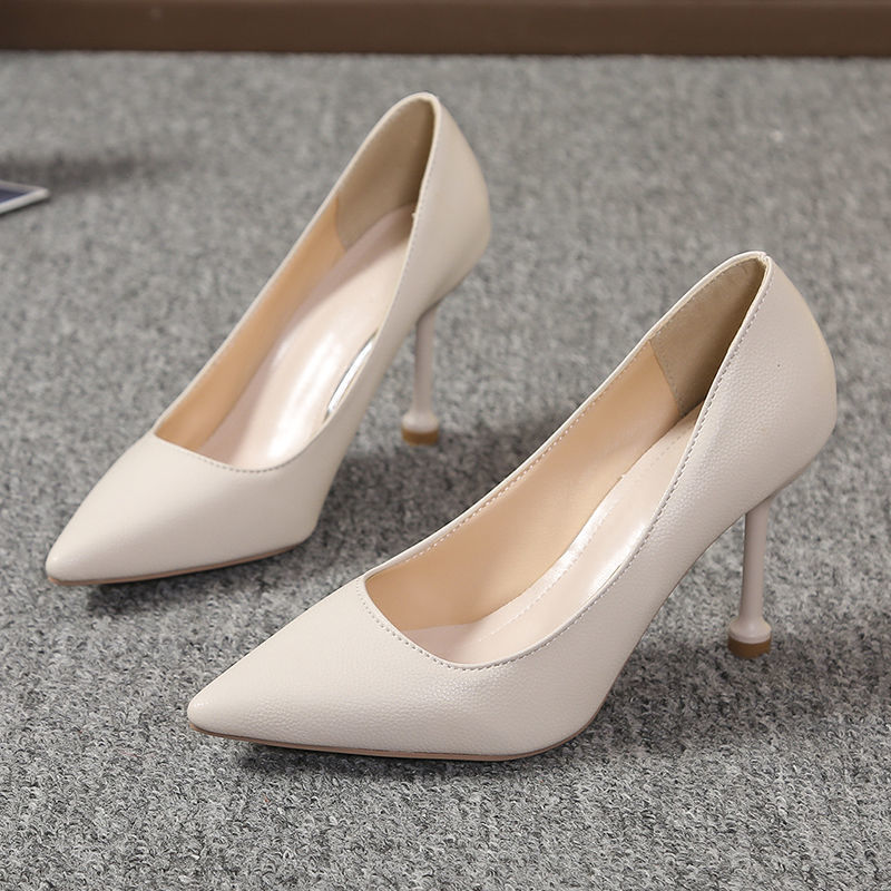 软皮高跟鞋女细跟性感尖头中跟单鞋款春秋韩版职业女士工作鞋