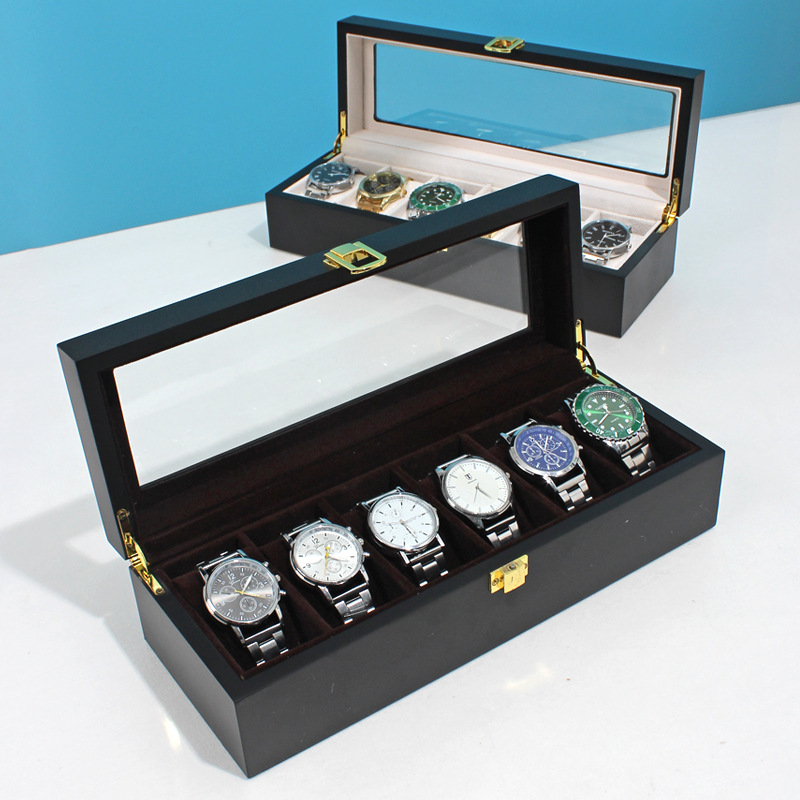 Spot Goods High-End Watch Box Cross-Border Advanced Storage Box Six-Seat Solid Wood Paint Black Wooden Watch Box Wholesale