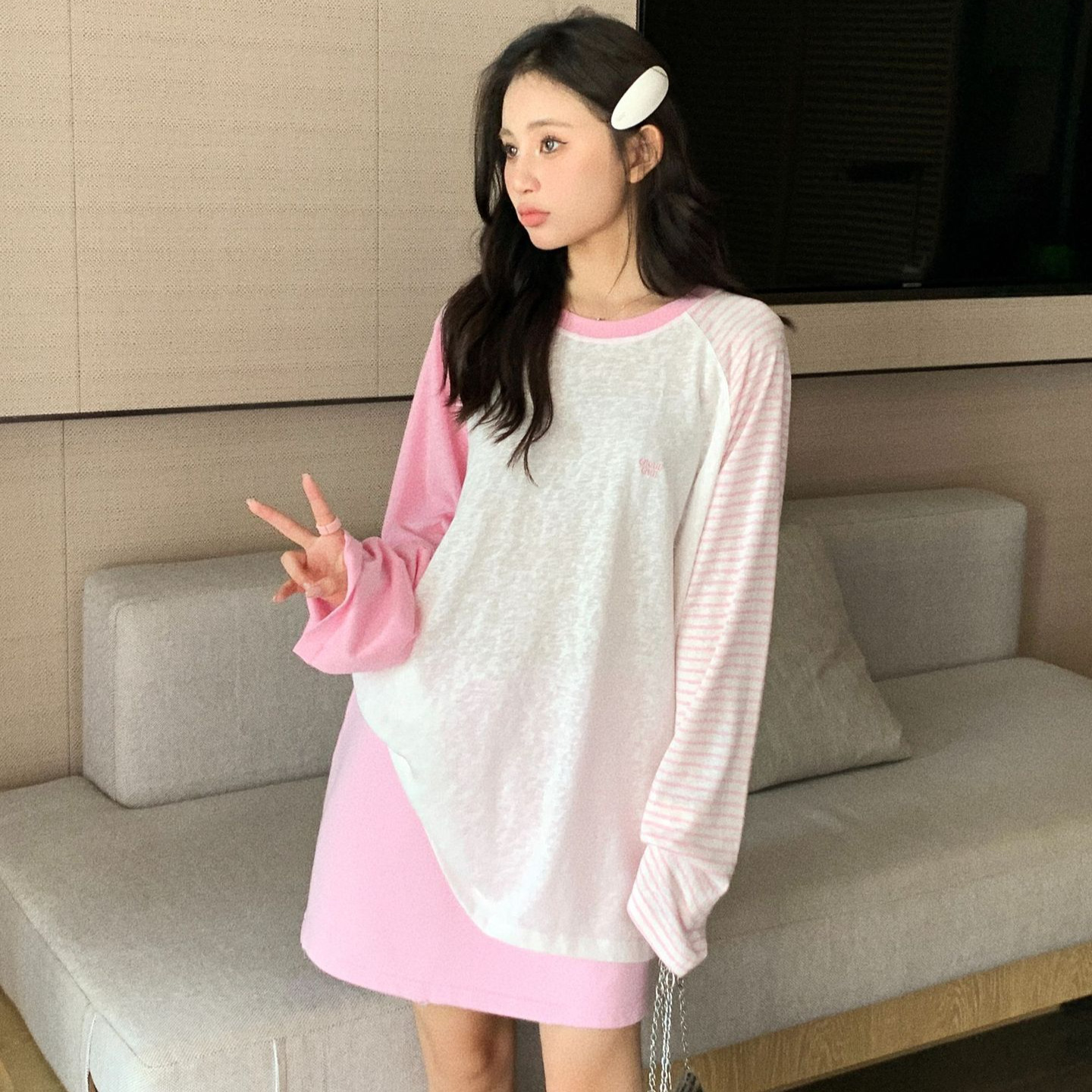 11an韩系设计感时尚防晒衣清新t恤休闲拼色条纹长袖防晒罩衫a1365