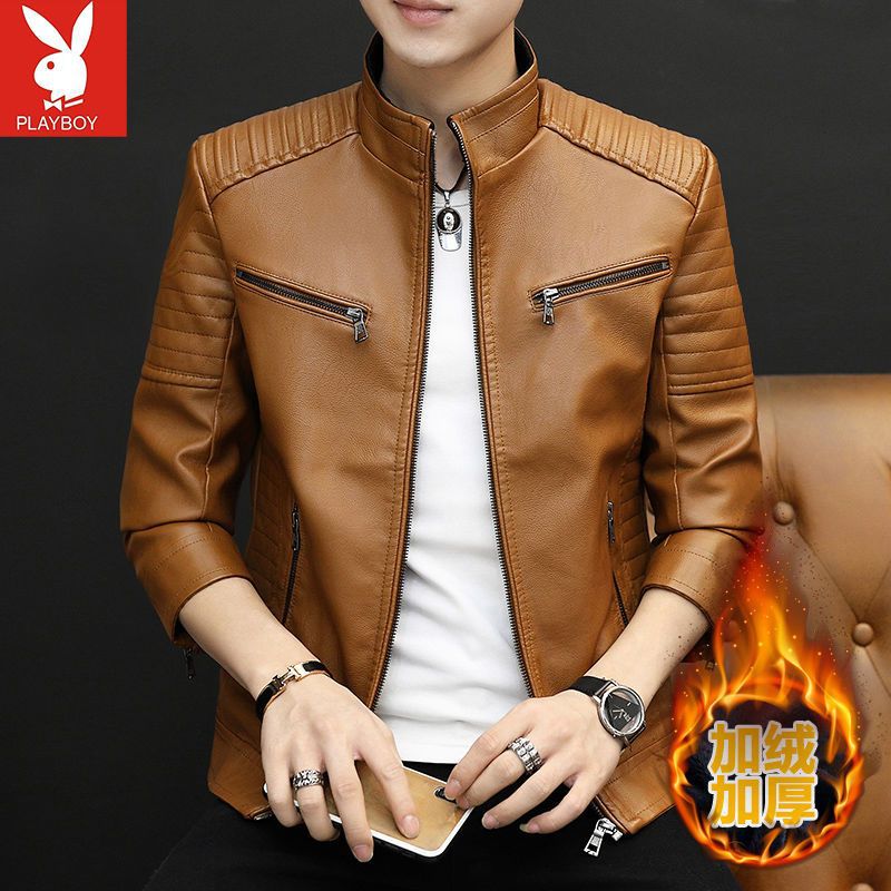 Haining Trendy New Genuine Leather Clothes Men's Sheepskin Short Stand Collar Handsome Biker's Leather Jacket Coat Spring and Autumn