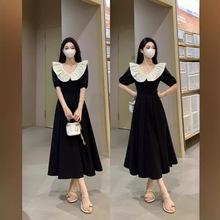 大码2024夏季韩系黑色收腰设计感显瘦减龄娃娃领假两件连衣裙