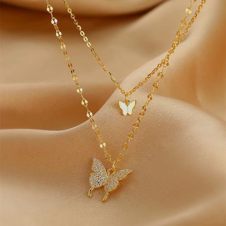 Jiayu S925 Sterling Silver Necklace Rhinestone Butterfly Double-Layer Clavicle Chain Female Minimalist Design All-Matching Temperamental Cold Style