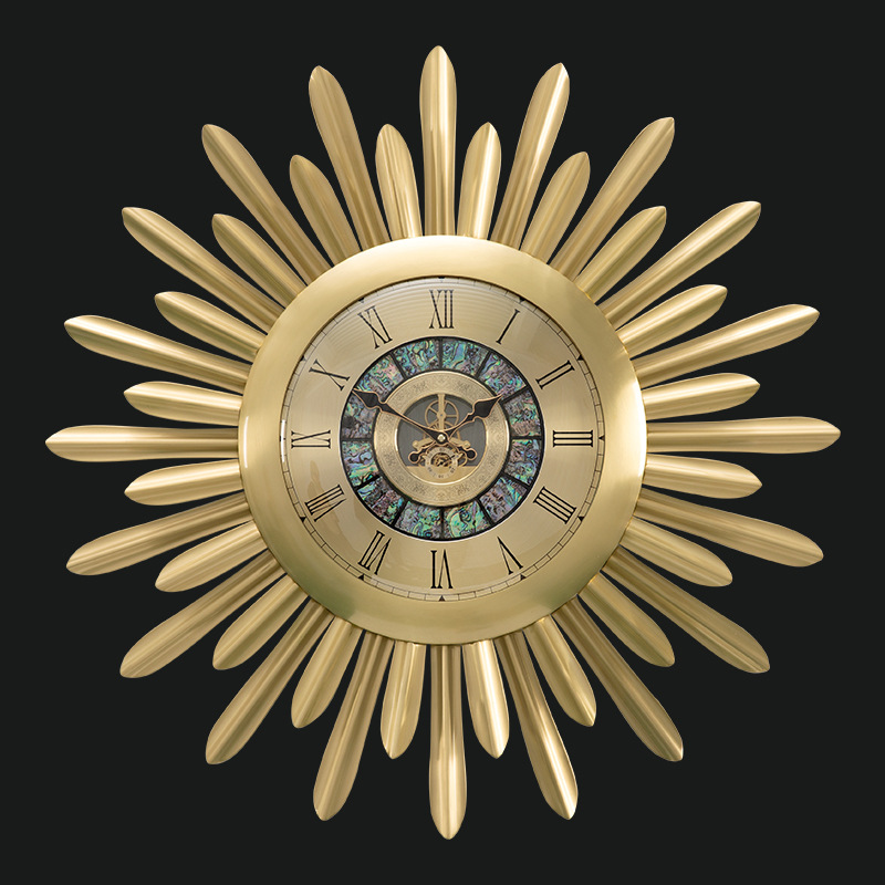 轻奢风黄铜挂钟客厅挂表现代极简纯铜钟表大气装饰时钟艺术太阳钟