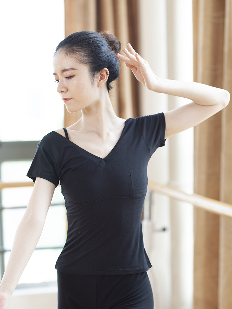 芭蕾舞蹈服短袖前交叉v领舞蹈上衣女黑色芭蕾形体舞蹈练功服白色