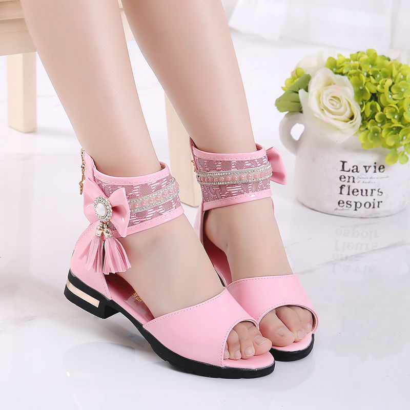 蕾丝蝴蝶女童凉鞋夏季公主鞋2019新款鱼嘴中大童小学生女孩韩版潮