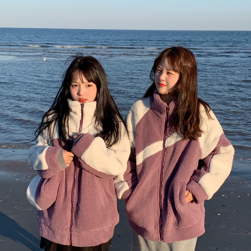 2021冬季新款紫色拼接加绒加厚羊羔毛学院风厚实立领闺蜜装外套女