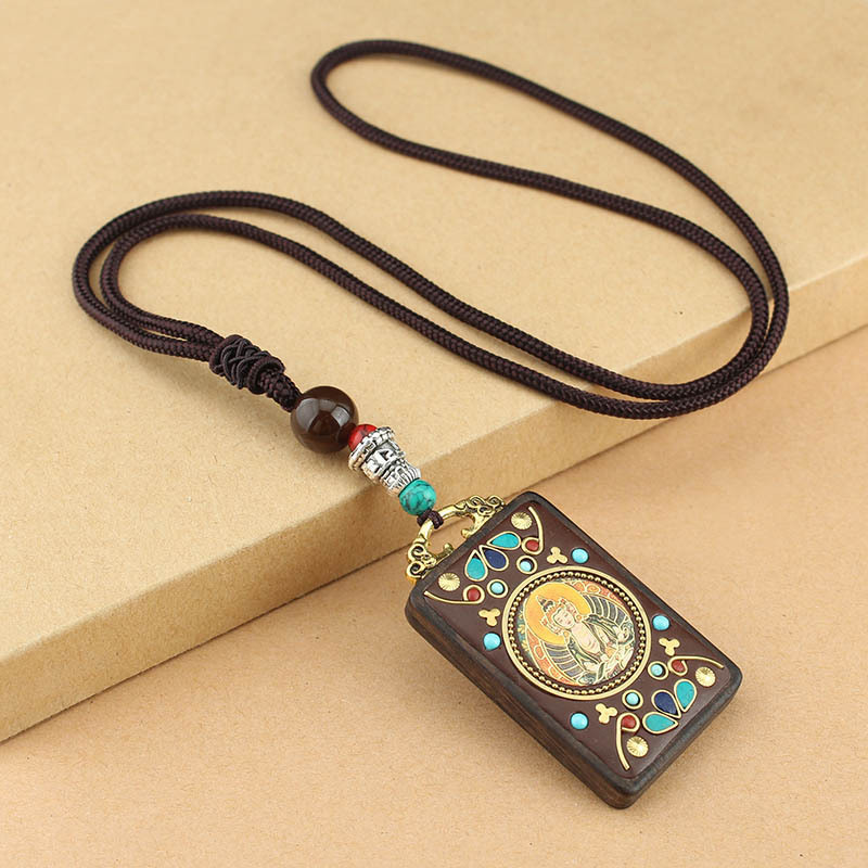 Vintage Nepal Tibet Thangka Handmade Blackwood Necklace Vairocana Yellow God of Wealth Ethnic Style Ornament Gifts