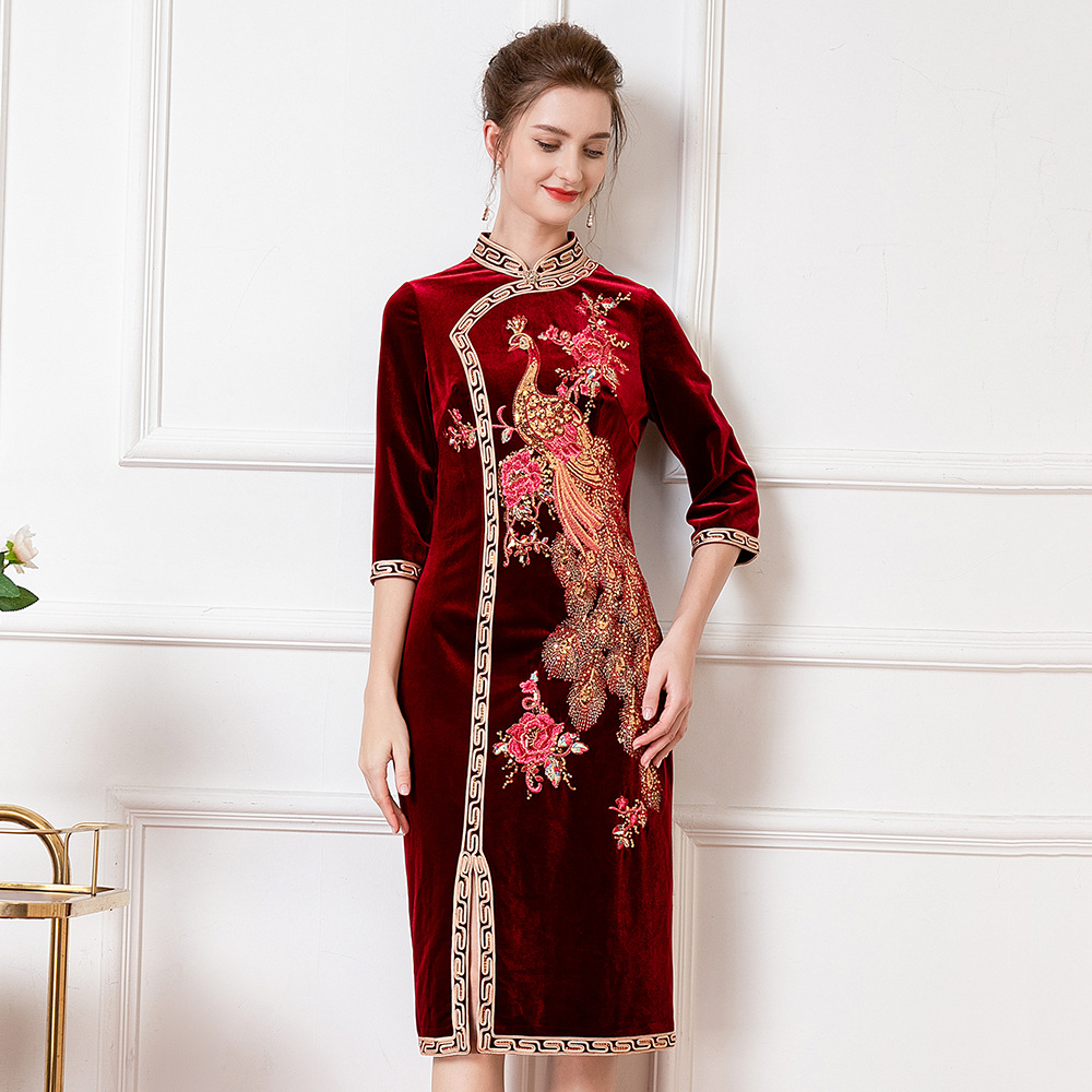 深圳高贵婚宴旗袍礼服秋冬重工刺绣凤凰新款婆婆妈妈装大码连衣裙
