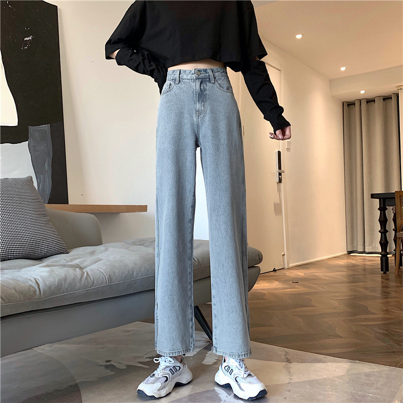   Women's Split Jeans Autumn and Winter New Straight High Waist Slimming Korean Slim Fit Slim Fit Wide-eg Pants ight Color