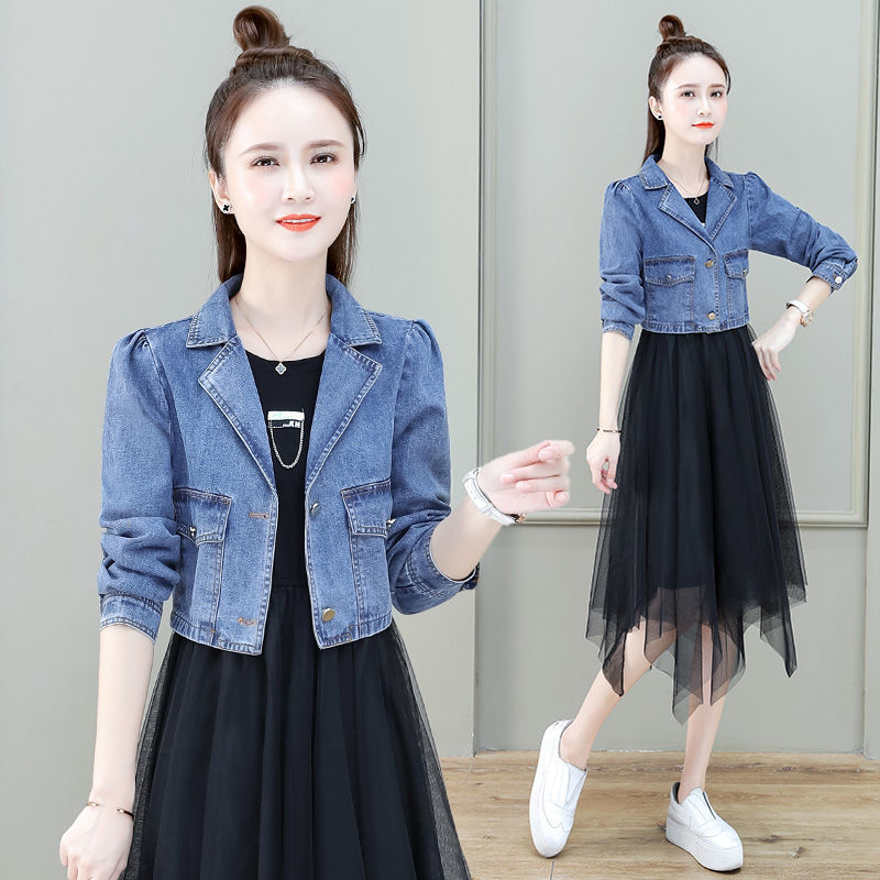 网纱连衣裙秋季套装女新款牛仔短外套搭配背心裙子两件套秋装