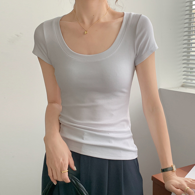 230G Cotton Short-Sleeved T-shirt for Women 2024 Summer New Solid Color round Neck All-Matching Simple Bottoming Shirt Korean Style Women's Clothing