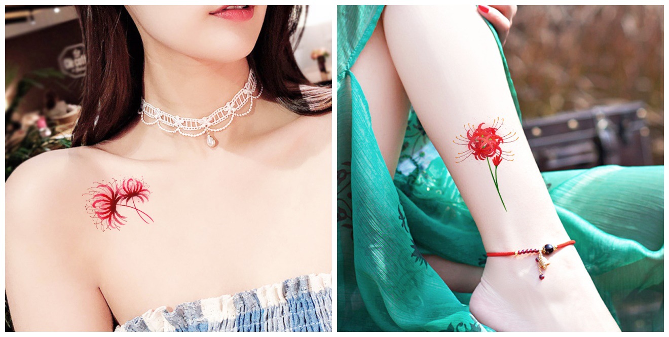 现货彼岸花纹身贴女性感曼珠沙华少女锁骨脚踝腿仿真贴纸 纹身贴