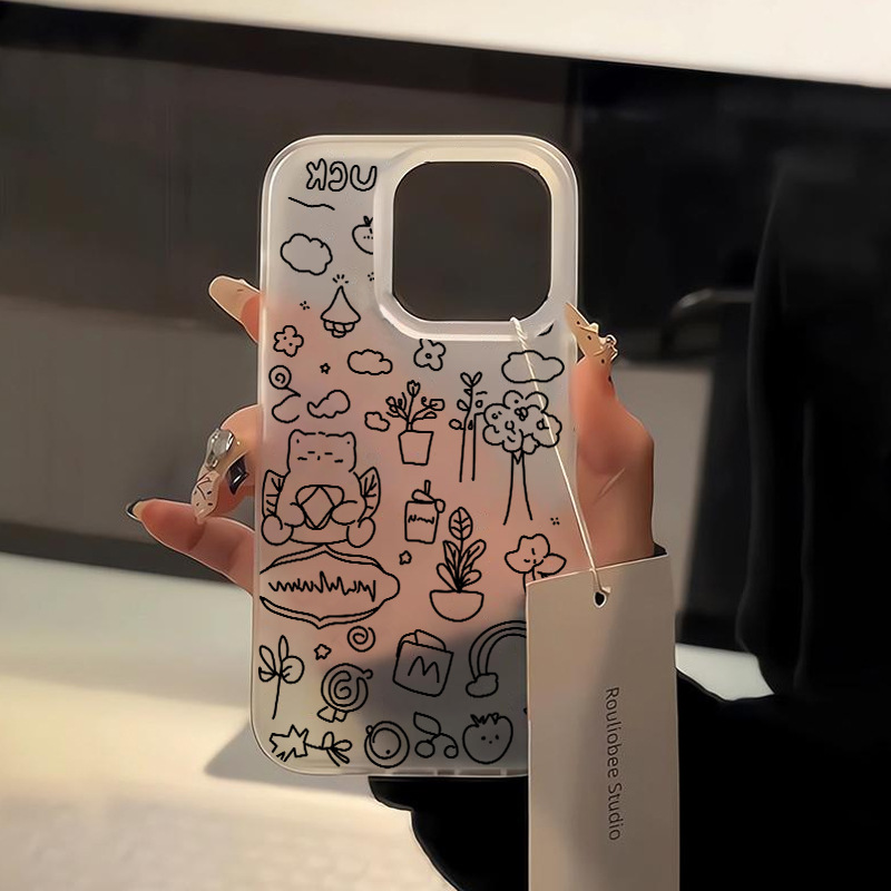 手绘线条图案适用苹果15promax手机壳iphone14简约13透明12软壳11