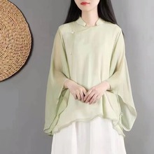 中国风复古改良雪纺上衣女装夏季双层纱民族风衬衫禅意茶服