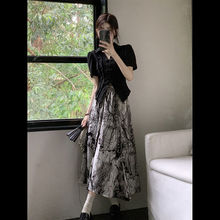 新中式国风套装女夏季新款复古短袖衬衫水墨收腰显瘦半身裙两件套