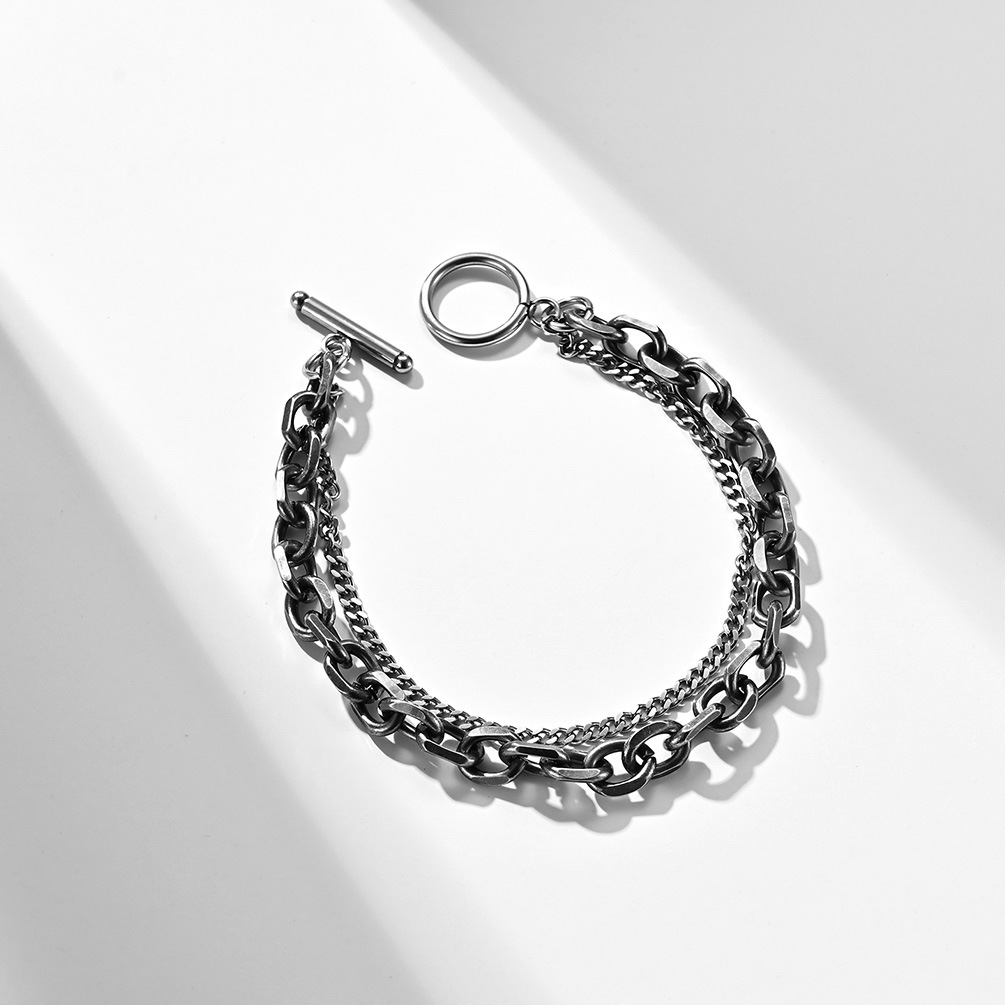 潮牌复古ot扣中性冷淡风一字手链 双层拼接做旧批角链潮男手饰