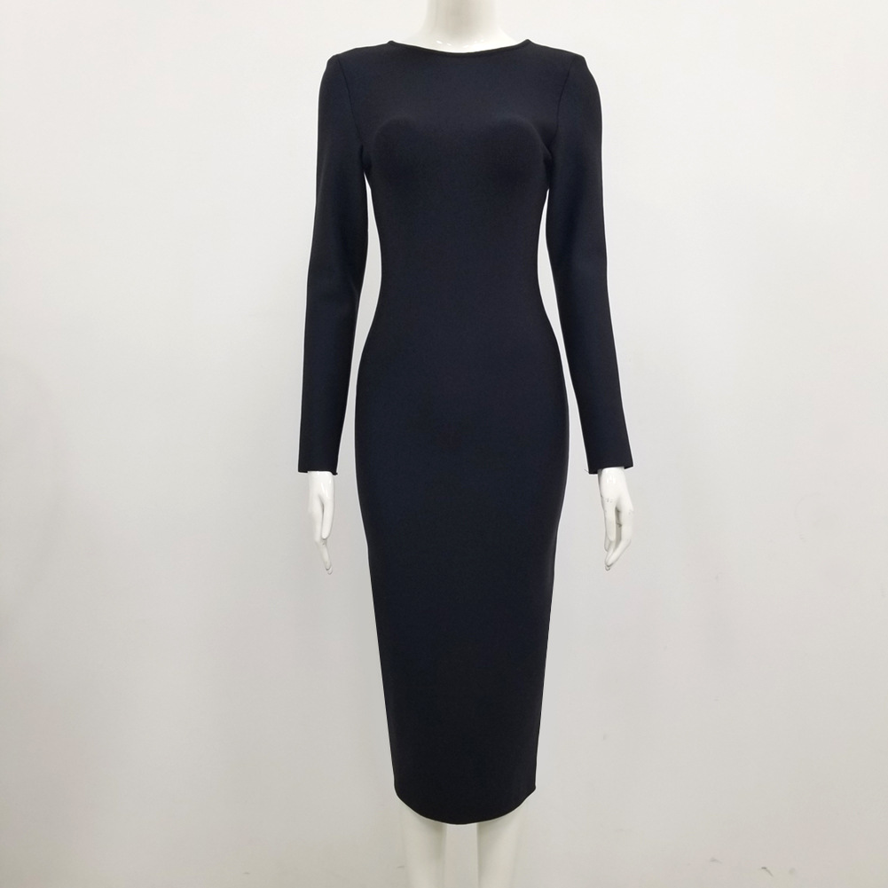 亚马逊速卖通热卖绷带裙欧美时尚长袖拉链款正反面两穿宴会礼服裙