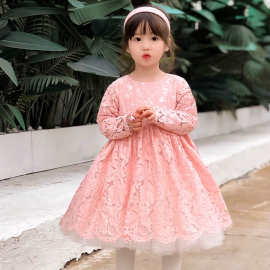 tk21701dr 女童装樱花粉股线睫毛蕾丝定位裁剪生日礼服裙公主裙