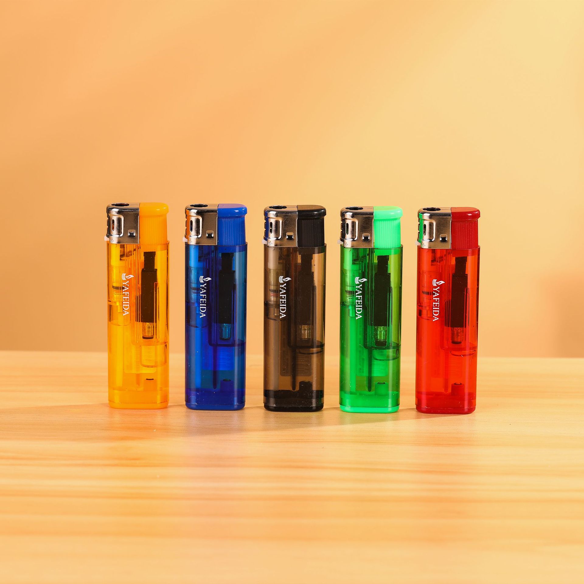 亚飞达新品188防风打火机 一次性塑料金风罩透明带灯广告打火机