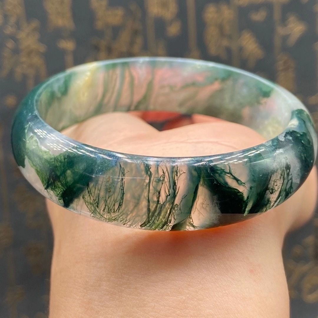 天然水草玛瑙手镯水草清晰通透品质宽版手镯厂家批发