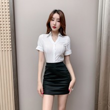 OL职业套装女两件套足浴技师工作服包臀裙2023新款白色衬衫女短袖