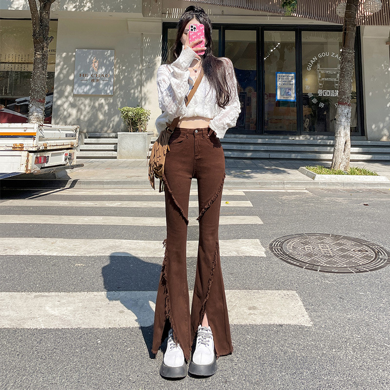 Brown Skinny Jeans Women's Autumn High Waist Brown Retro Brown American Extended Version Workwear Flared Pants