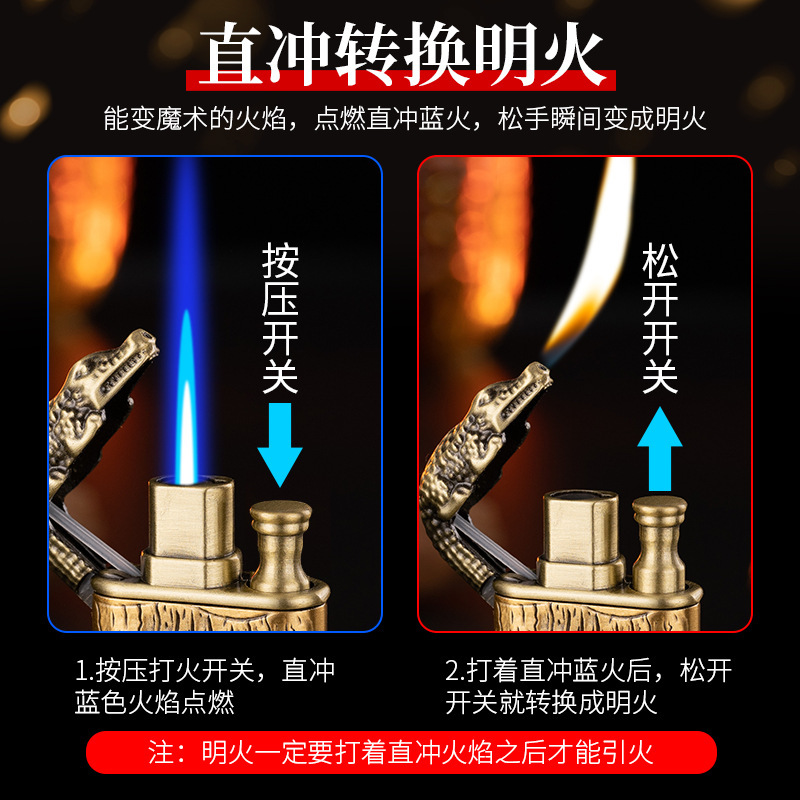 Creative Double Fire Crocodile Three-Dimensional Relief Direct Punch Change Open Fire Gas Lighter Metal Lighter Best-Selling