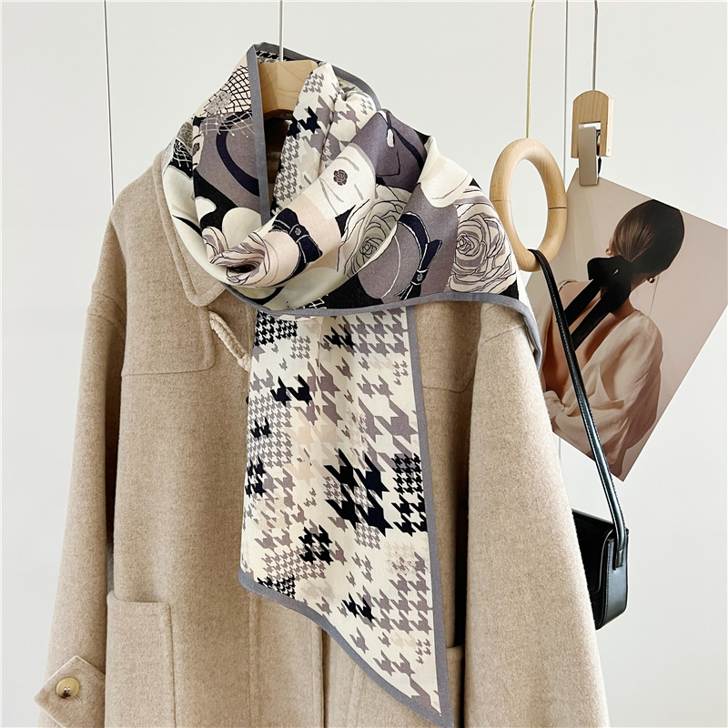 Silk and Wool Ribbon Scarf for Women Autumn and Winter New Fashionable Houndstooth Double-Sided Double-Layer Silk and Wool All-Match Neck Protection Scarf