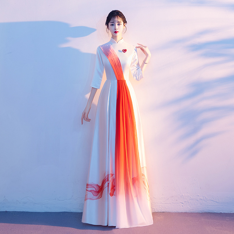 大合唱团演出服女新款气质长裙红色中国风立领红歌合唱飘逸指挥服