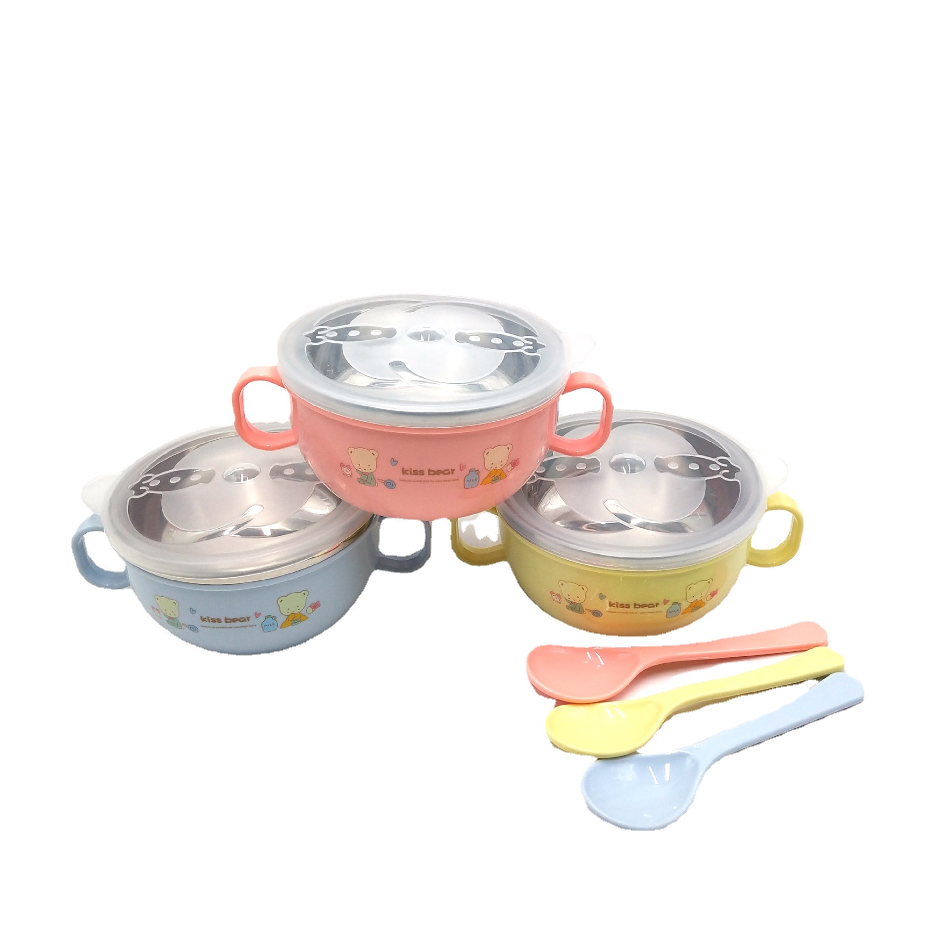 Factory in Stock Pairs Handle Strap Lid Baby Stainless Steel Children's Bowl Cartoon Insulated Bowl with Spoon Solid Food Tableware