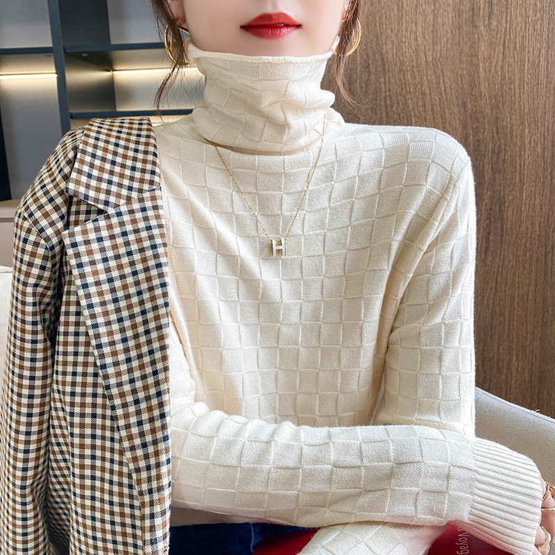 秋冬新款堆堆领毛衣女针织衫修身高领套头内搭长袖洋气方块打底衫