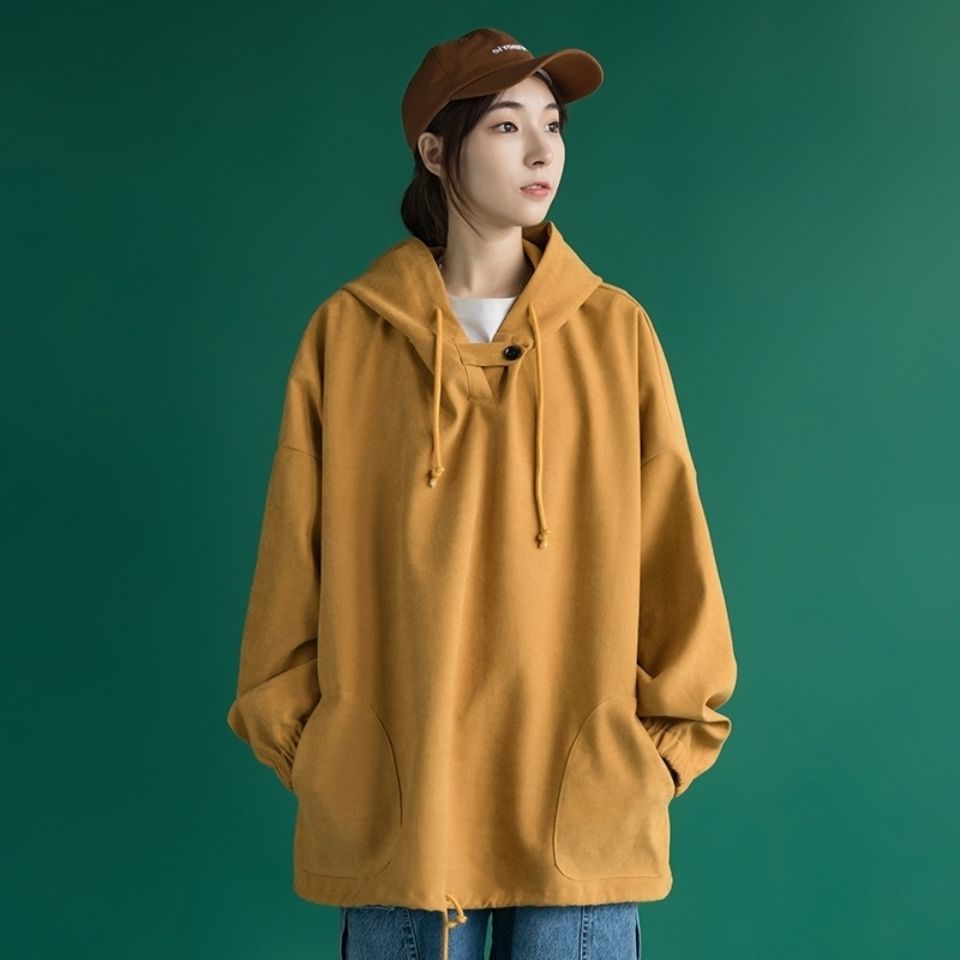 2021春秋新款纯色卫衣女宽松韩版bf慵懒风长袖帽衫连帽外套上衣潮