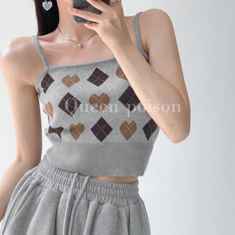 美式复古菱格修身吊带外穿女ins港味纯欲显瘦无袖针织打底短上衣