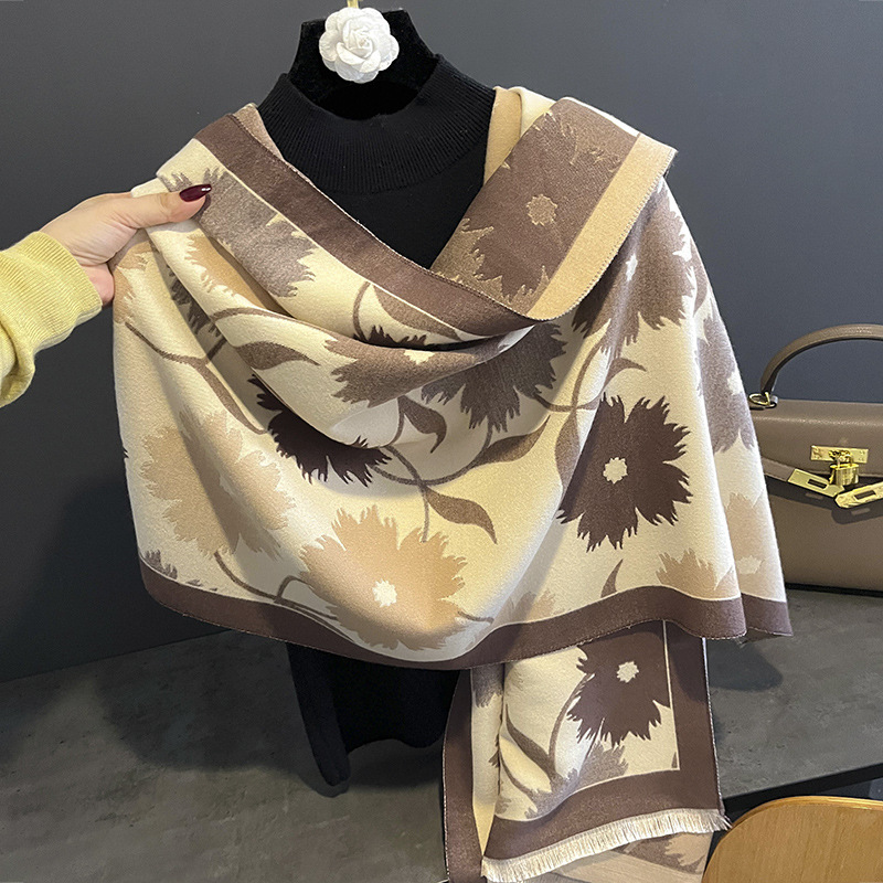 High Sense Sunflower Pattern Autumn and Winter New Artificial Cashmere Scarf Women's Warm Thickened All-Matching Long Shawl Scarf