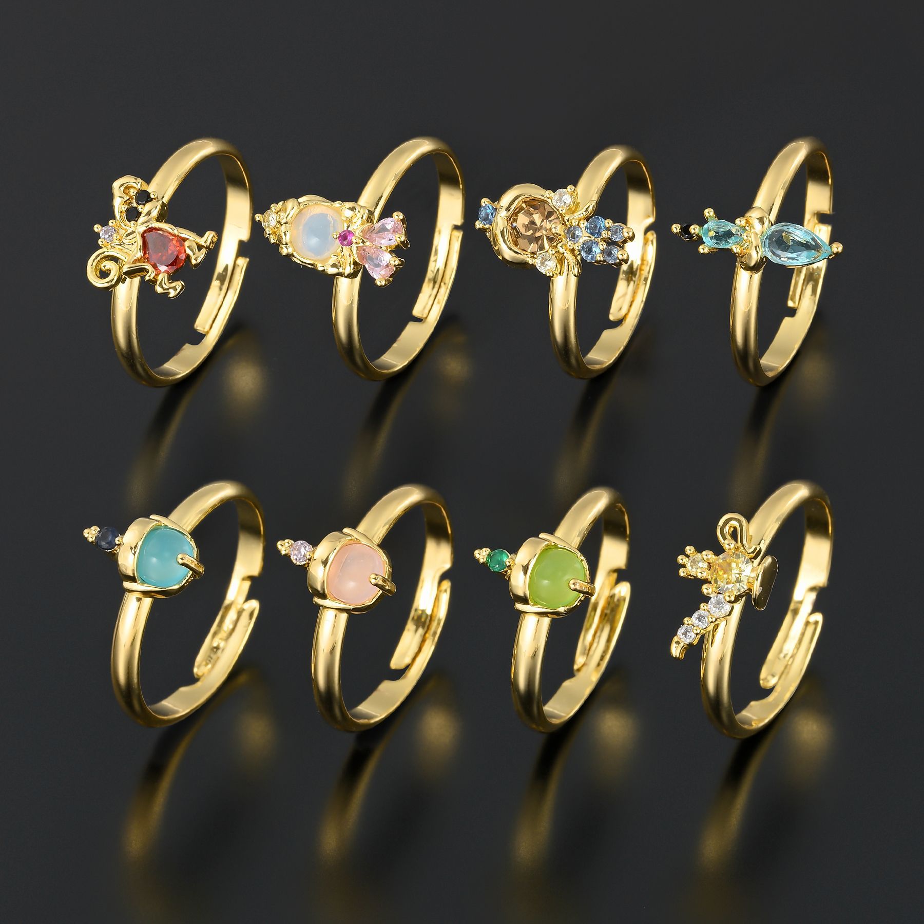 Cross-Border European and American New Cartoon Animal Open Ring Micro-Inlaid Colorful Zircon Princess Series Ring Jewelry Wholesale