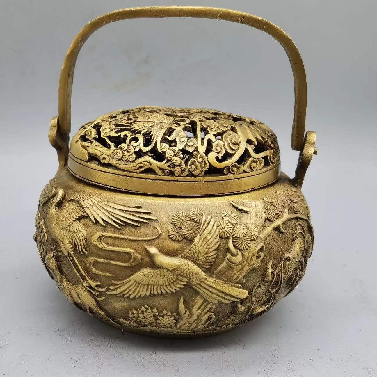 古董古玩仿古纯铜加厚黄铜花鸟手炉香炉香薰炉居家乡下收藏老物件