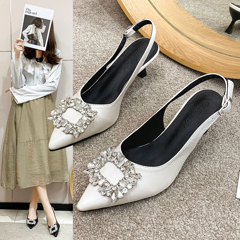 水钻方扣平底鞋尖头单鞋女细中跟夏季后空包头凉鞋浅口优雅女鞋