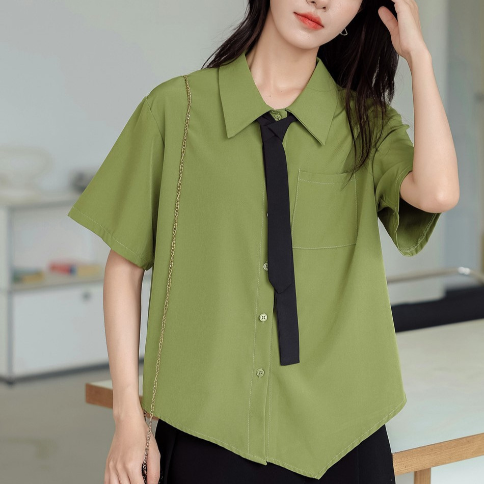 赠领带 学院风落肩袖衬衫女设计感不规则下摆短袖衬衣女-阿里巴巴